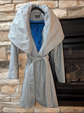 bebe Light Gray Wrap Coat with Blue Lining